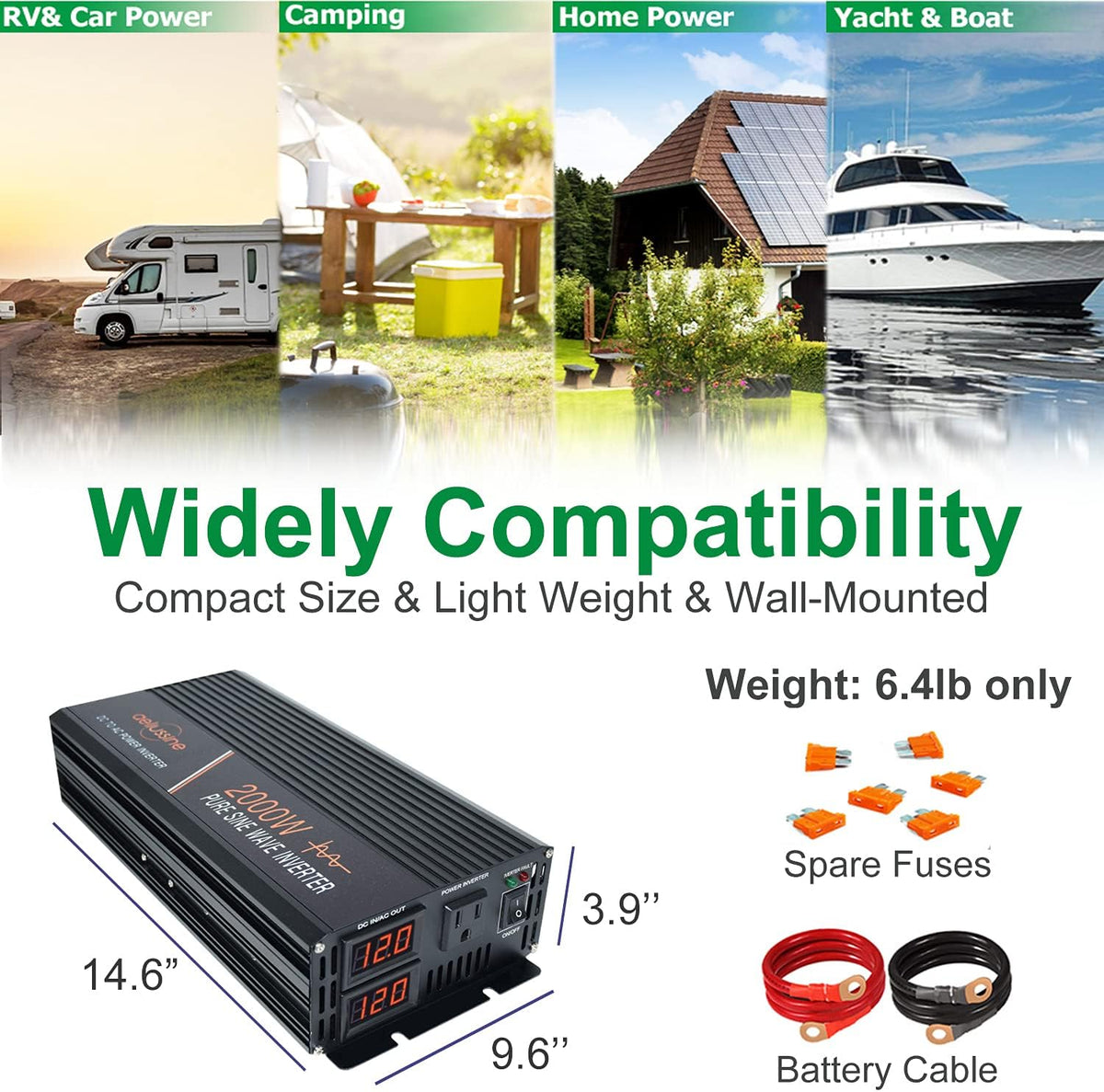 Pure Sine Wave Power Inverter 1000W 12V DC to AC 120V Surge 2000 Watt with LED Display S32427