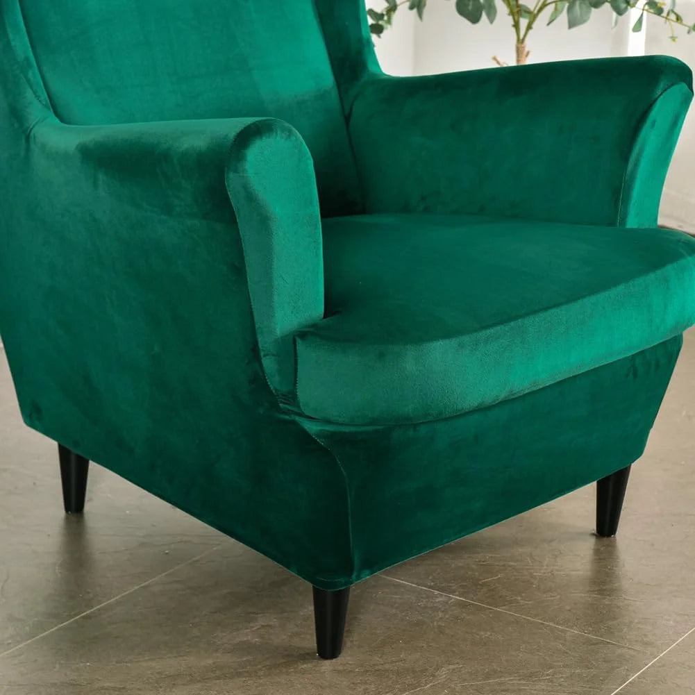 Dark Green Velvet Stretch Wingback Chair Sofa Slipcover with Elastic Bottom M343689