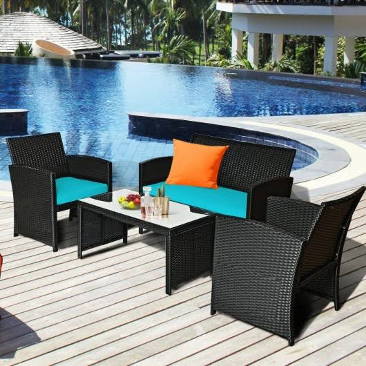 Turquoise Wicker Patio Sofa and Table Set U978