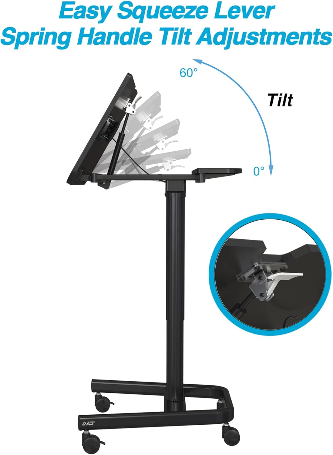 Black Mobile Standing Desk with Split Top Tilting Tray and Brake Casters D860