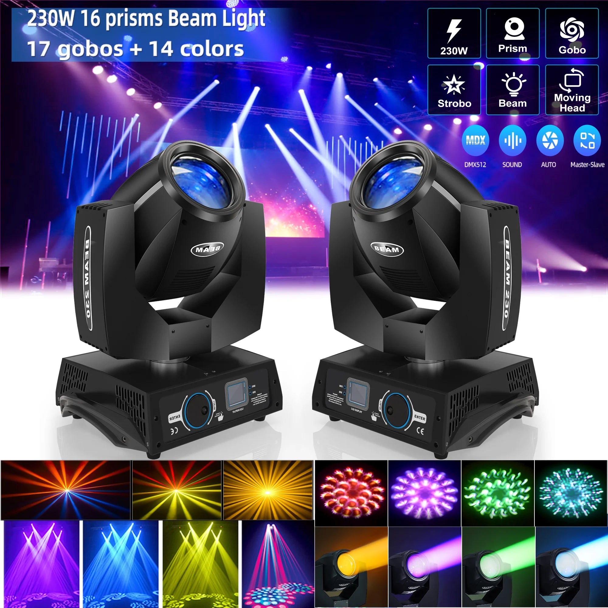 2 Pack 230W Beam Moving Head Light 8 Prisms 17 Gobos RGBW LED DJ Lighting 16CH DMX Control Q1535