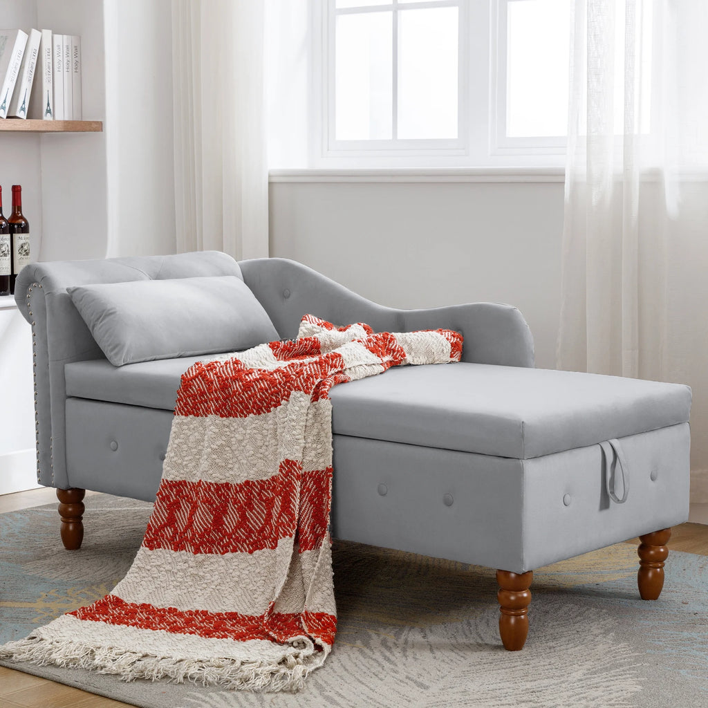 Grey Velvet Chaise Lounge with Storage and Pillow M4310