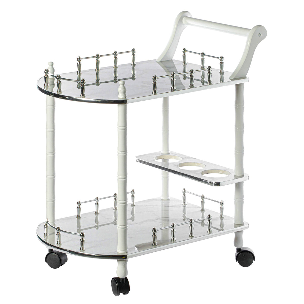Gold Black and White Wood Serving Bar Cart with 2 Tier Shelves and Rolling Wheels Z441200