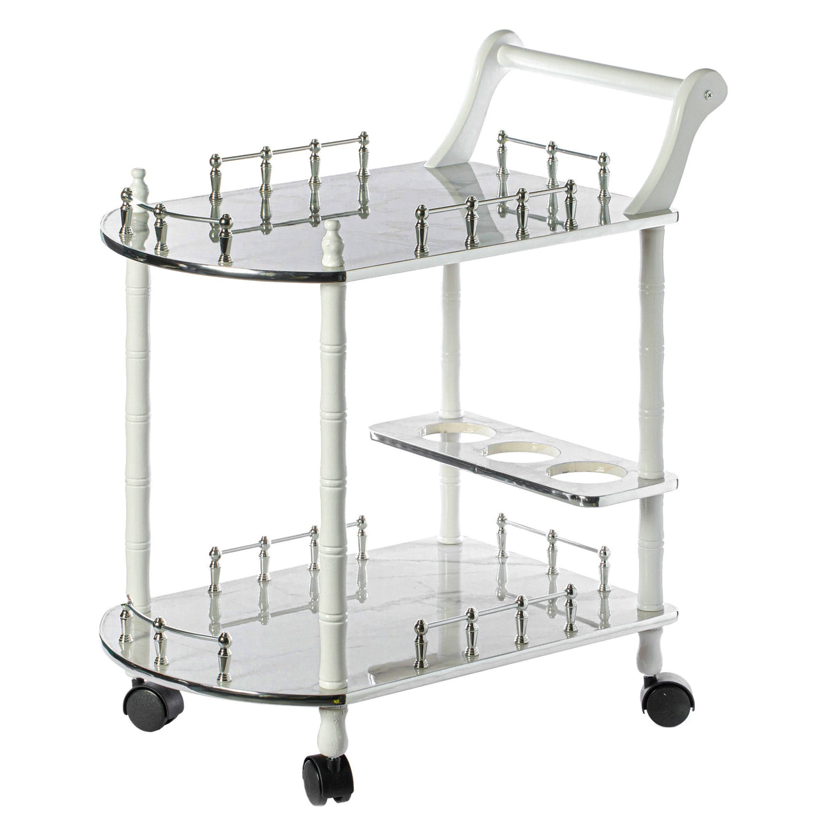Gold Black and White Wood Serving Bar Cart with 2 Tier Shelves and Rolling Wheels Z441200