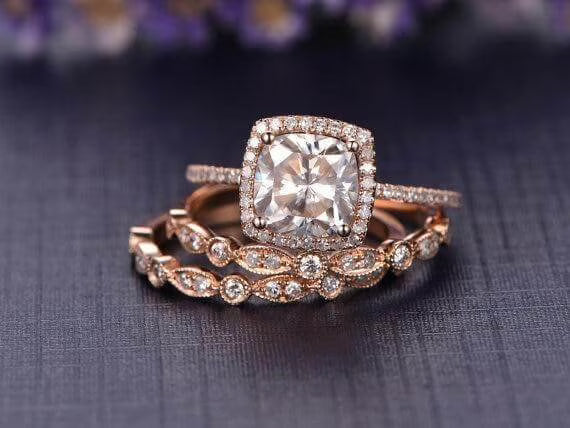 Cushion Moissanite Trio Wedding Set with 18k Gold Plating B27057