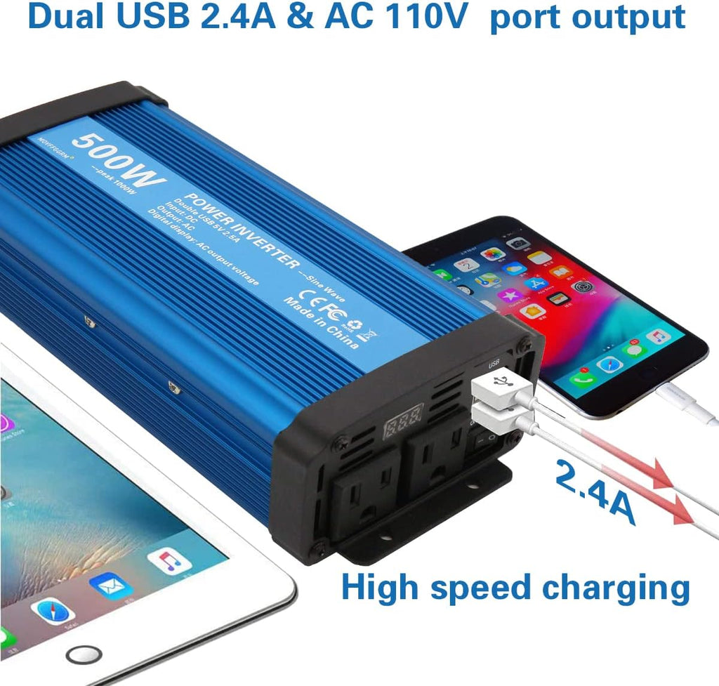 500W Pure Sine Wave Power Inverter DC 12V to 110V AC with 2.4A Dual USB W6241