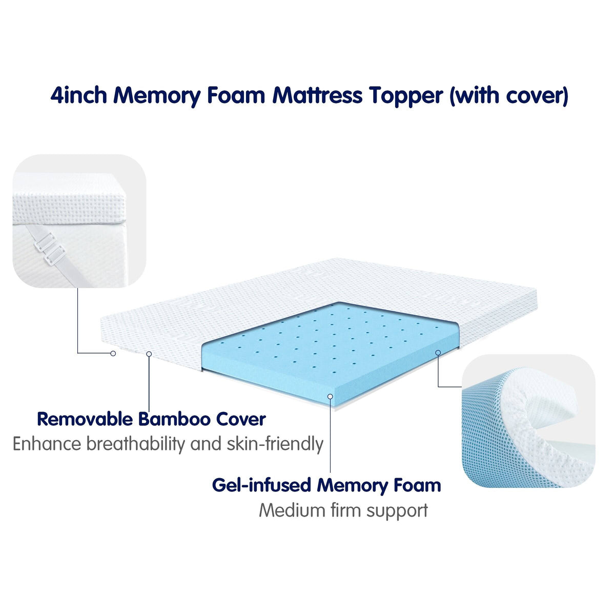 Queen Gel-Infused Memory Foam Mattress Topper with Cover V808