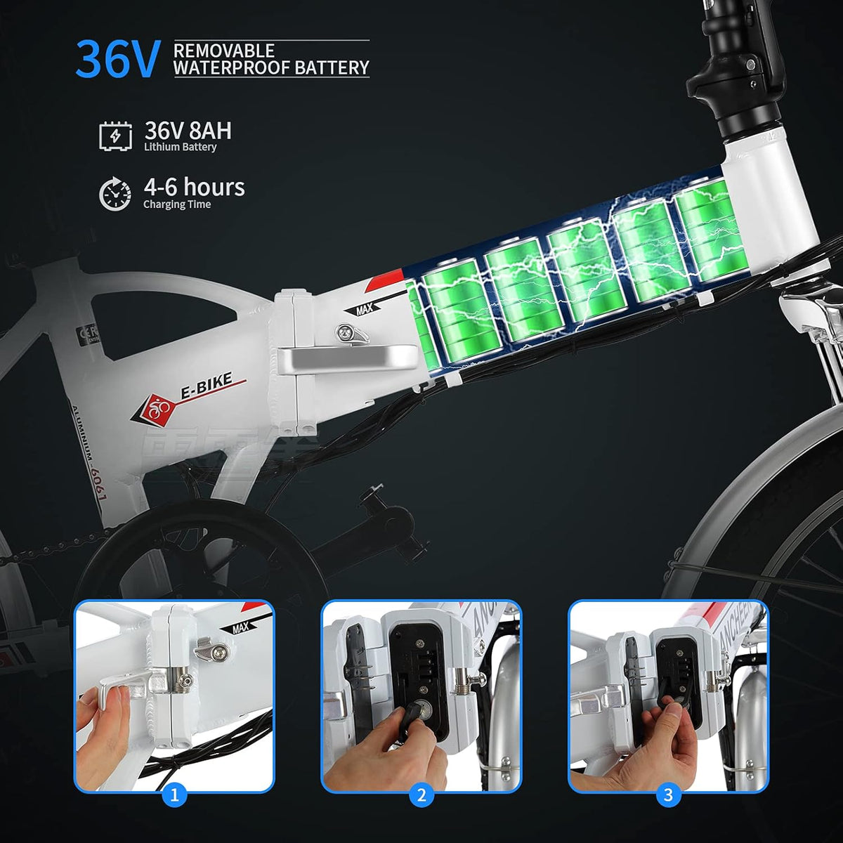 20 inch White 20 Folding Electric Bike with 36V 250W Removable Lithium-Ion Battery E50387