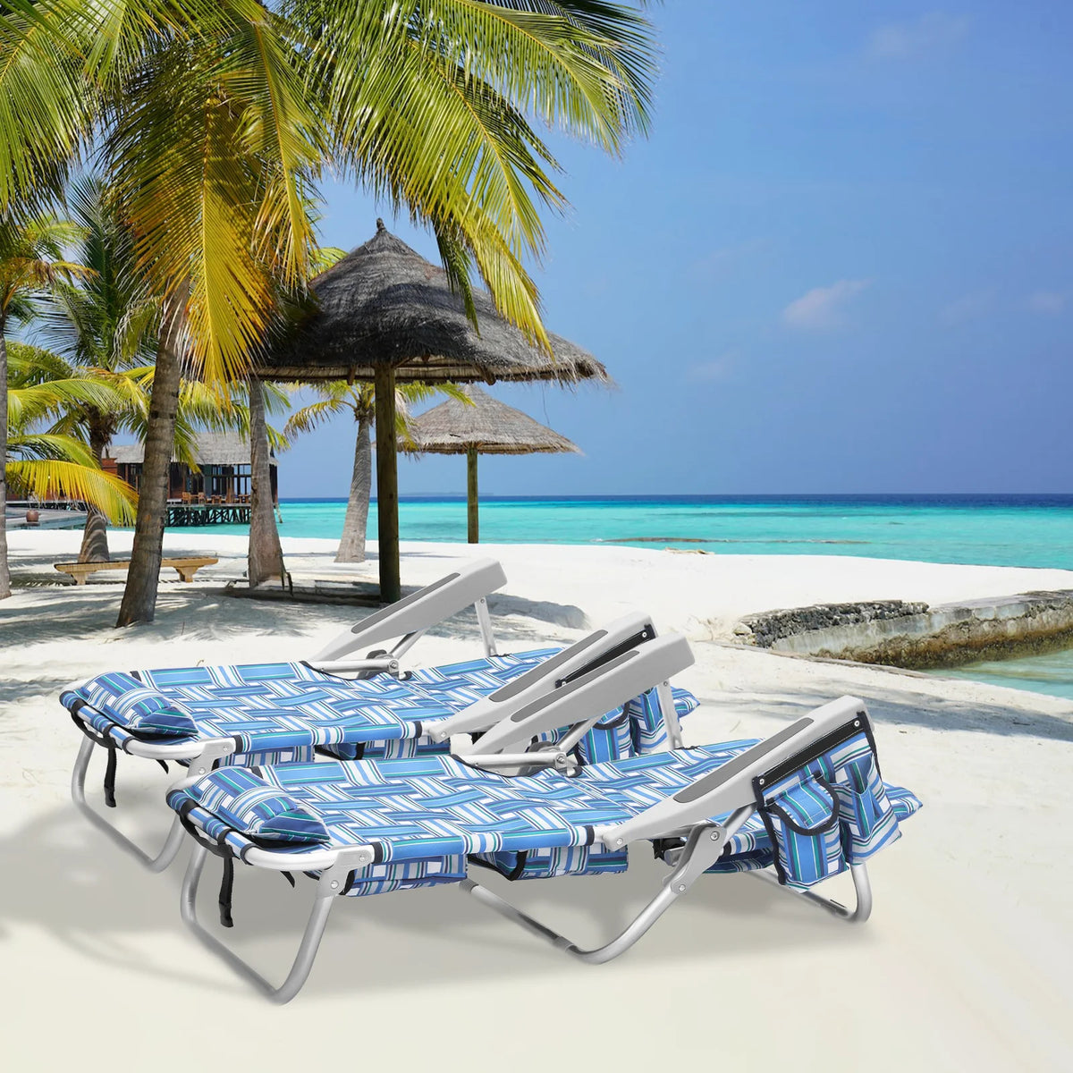 Blue Stripes Folding Beach Chairs Set of 2 with Side Pocket Y732773