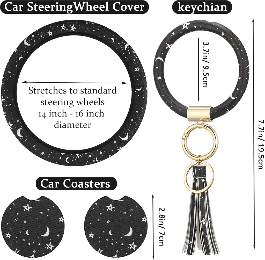 Black Moons White Stars Print Car Accessories Set Steering Wheel Cover with 2 Pieces Car Coasters and Leather Keyring V5042