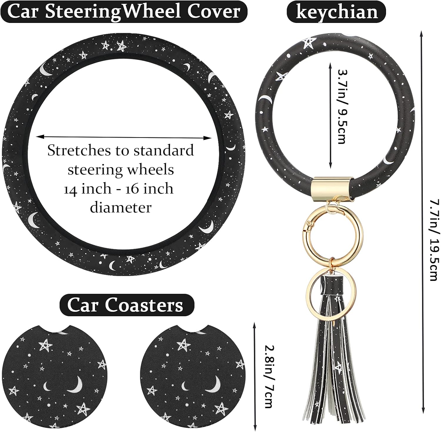 Black Moons White Stars Print Car Accessories Set Steering Wheel Cover with 2 Pieces Car Coasters and Leather Keyring V5042