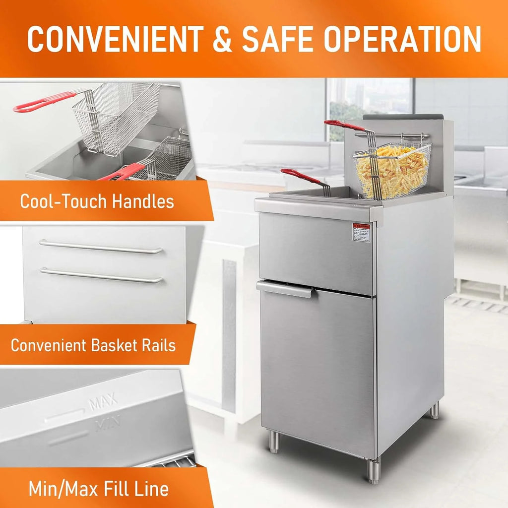 Commercial Gas Floor Fryer with 2 Baskets, 4 Tube Burners, 40 LB Capacity Stainless Steel C1459