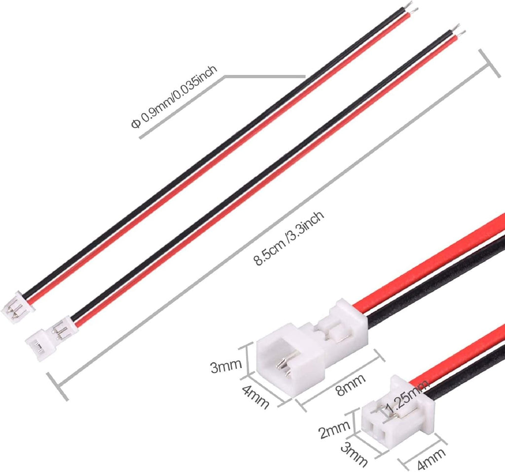 30 Pairs JST 1.25mm 2 Pin Micro Male Female Connector Plug with Red Black Wire Cable 80mm R975498