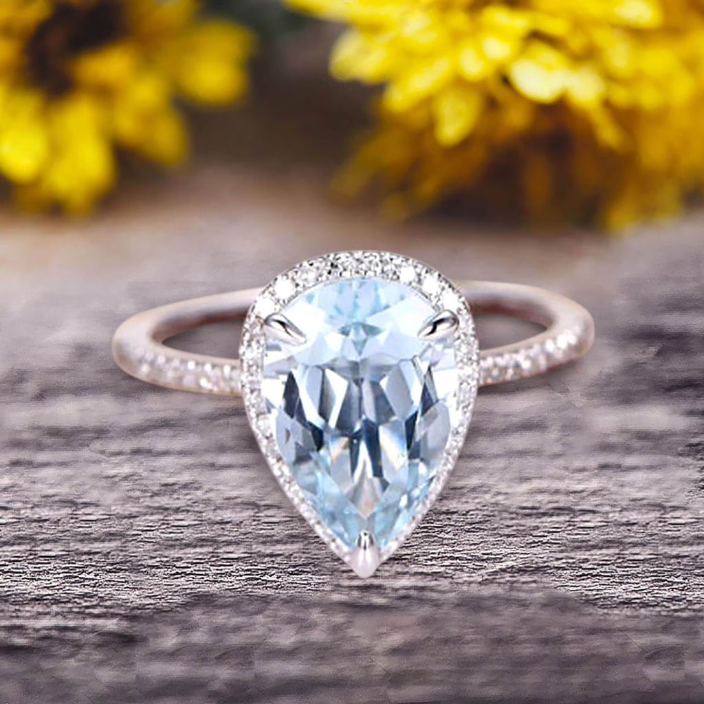 Pear Shaped Aquamarine Engagement Ring 10k White Gold Halo Setting R9062