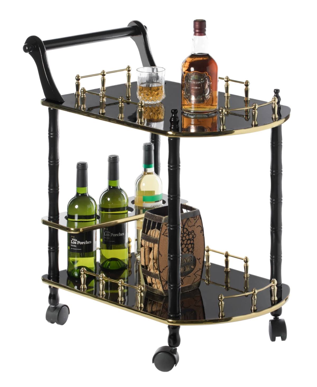 Gold Black and White Wood Serving Bar Cart with 2 Tier Shelves and Rolling Wheels Z441200