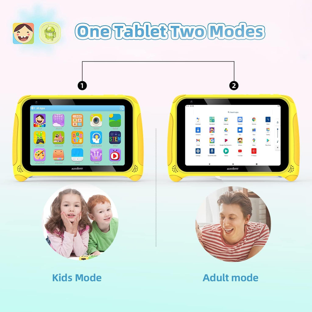 Yellow 7 inch Kids Tablet Android 11 Quad Core 2GB RAM 32GB Dual Camera WiFi Bluetooth 4.2 Pack of 2 F64576