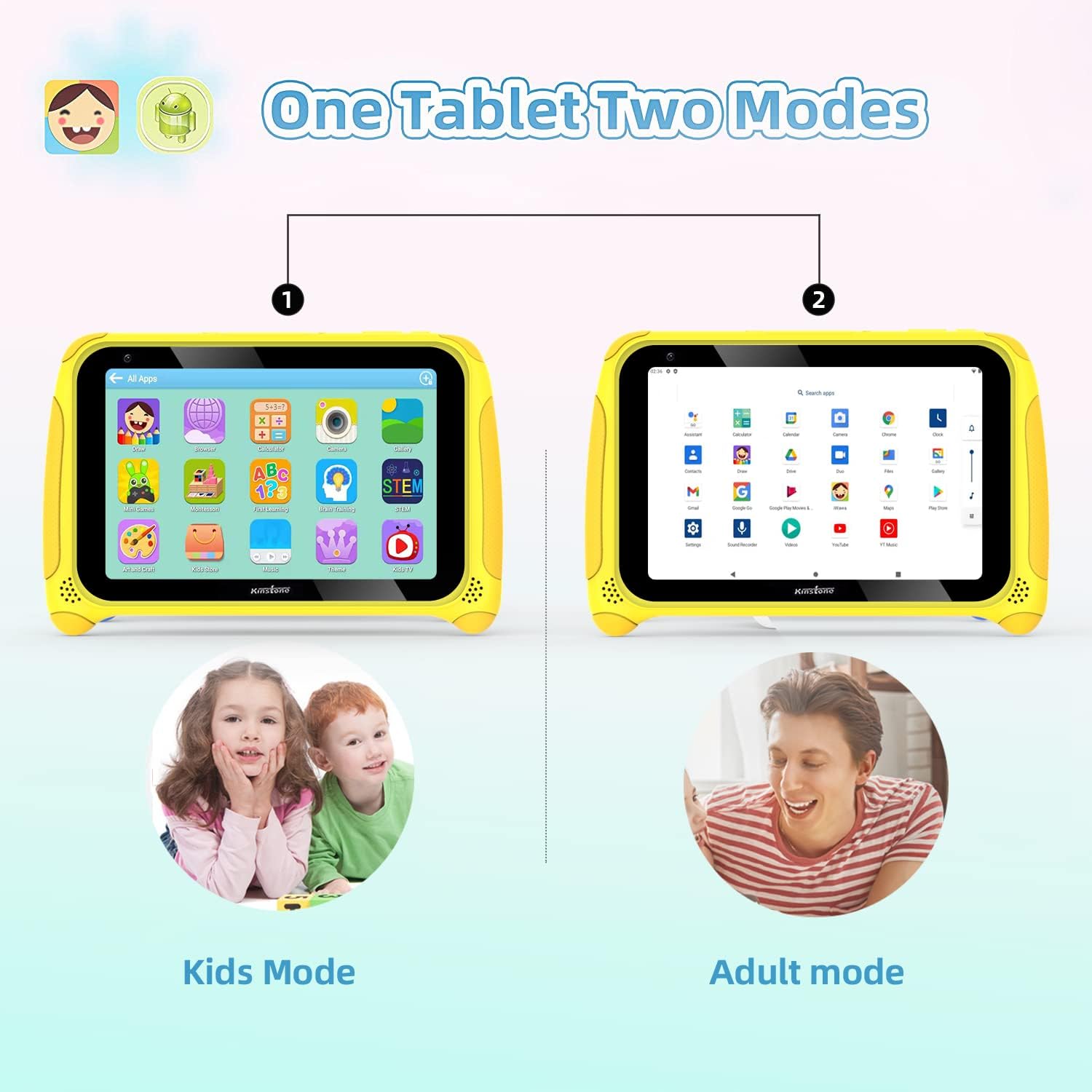 Yellow 7 inch Kids Tablet Android 11 Quad Core 2GB RAM 32GB Dual Camera WiFi Bluetooth 4.2 Pack of 2 F64576