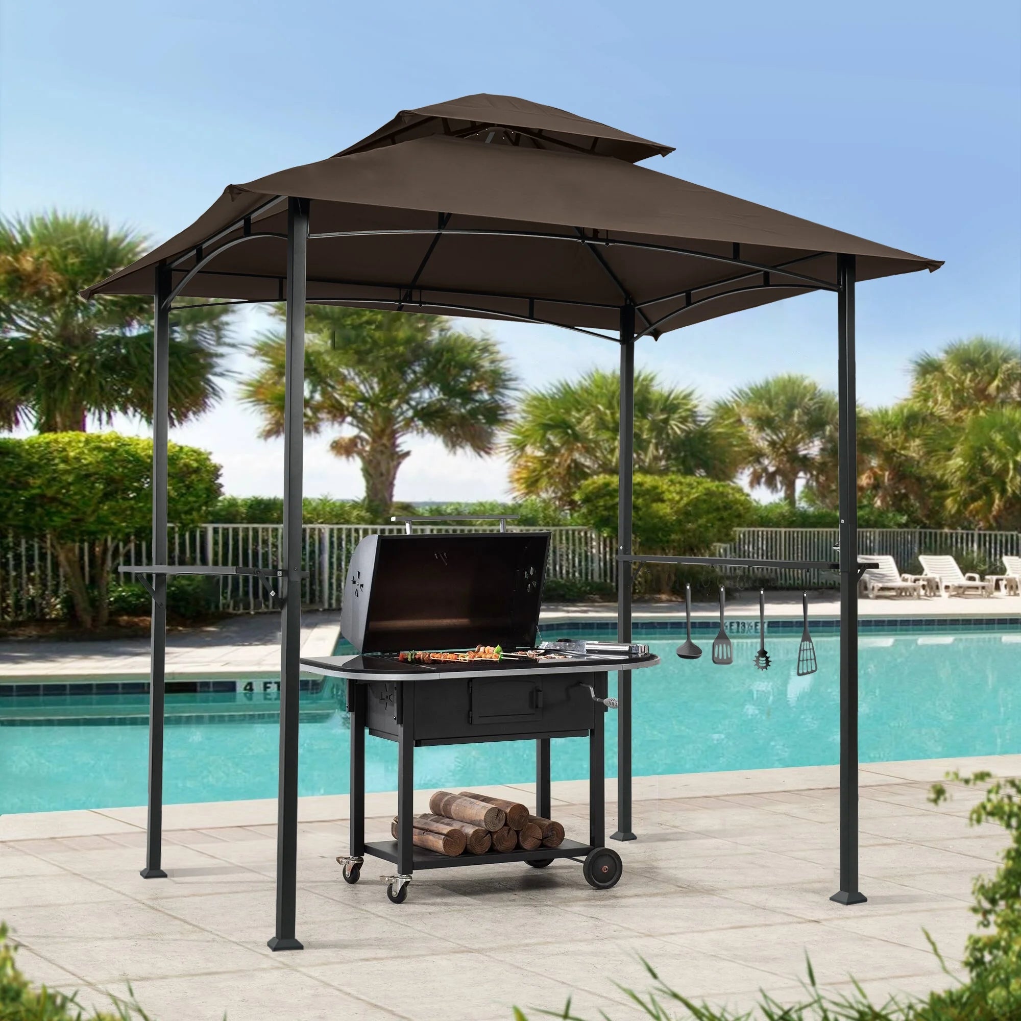 Brown Steel Frame Outdoor Grill Gazebo with Canopy F982
