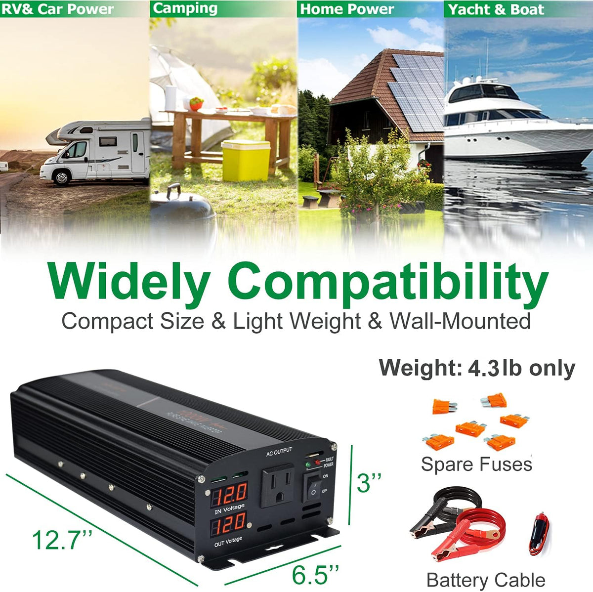 Pure Sine Wave Power Inverter 1000W 12V DC to AC 120V Surge 2000 Watt with LED Display S32427