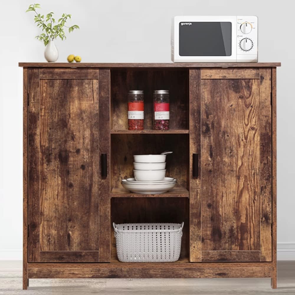 Retro Brown Wooden Floor Storage Cabinet with 2 Doors and 2 Open Shelves O338