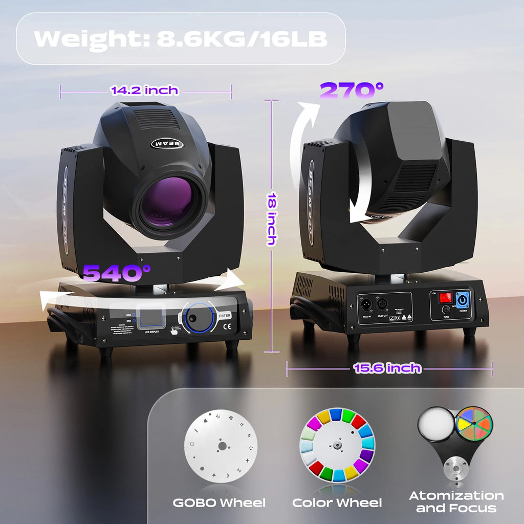 2 Pack 230W Beam Moving Head Light 8 Prisms 17 Gobos RGBW LED DJ Lighting 16CH DMX Control Q1535