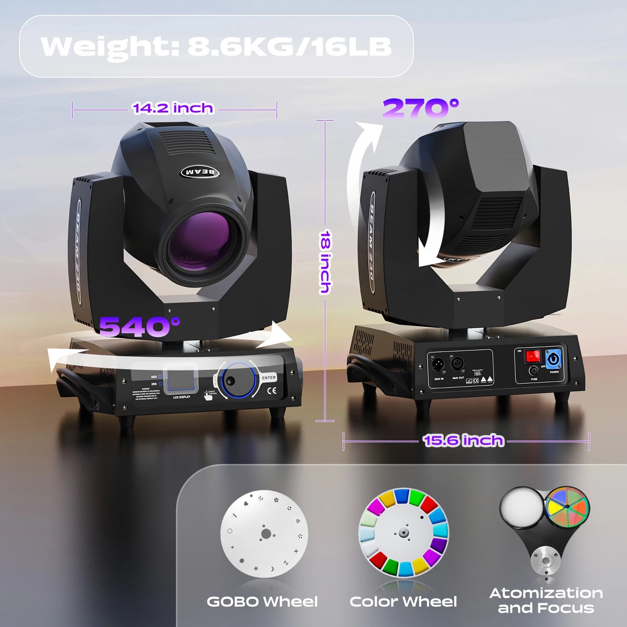 2 Pack 230W Beam Moving Head Light 8 Prisms 17 Gobos RGBW LED DJ Lighting 16CH DMX Control Q1535