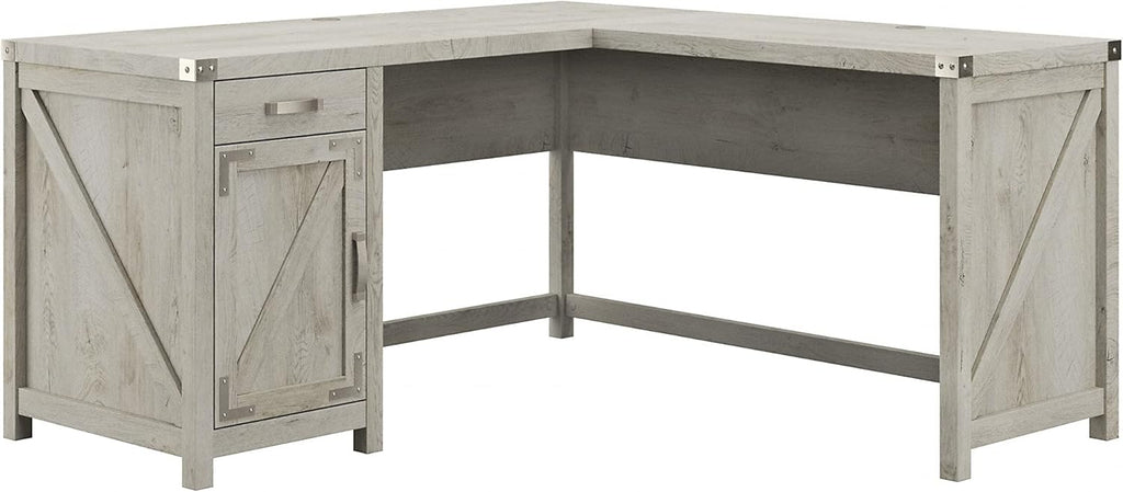 Cottage White L Shaped Desk with Drawer and Storage Cabinet N1008