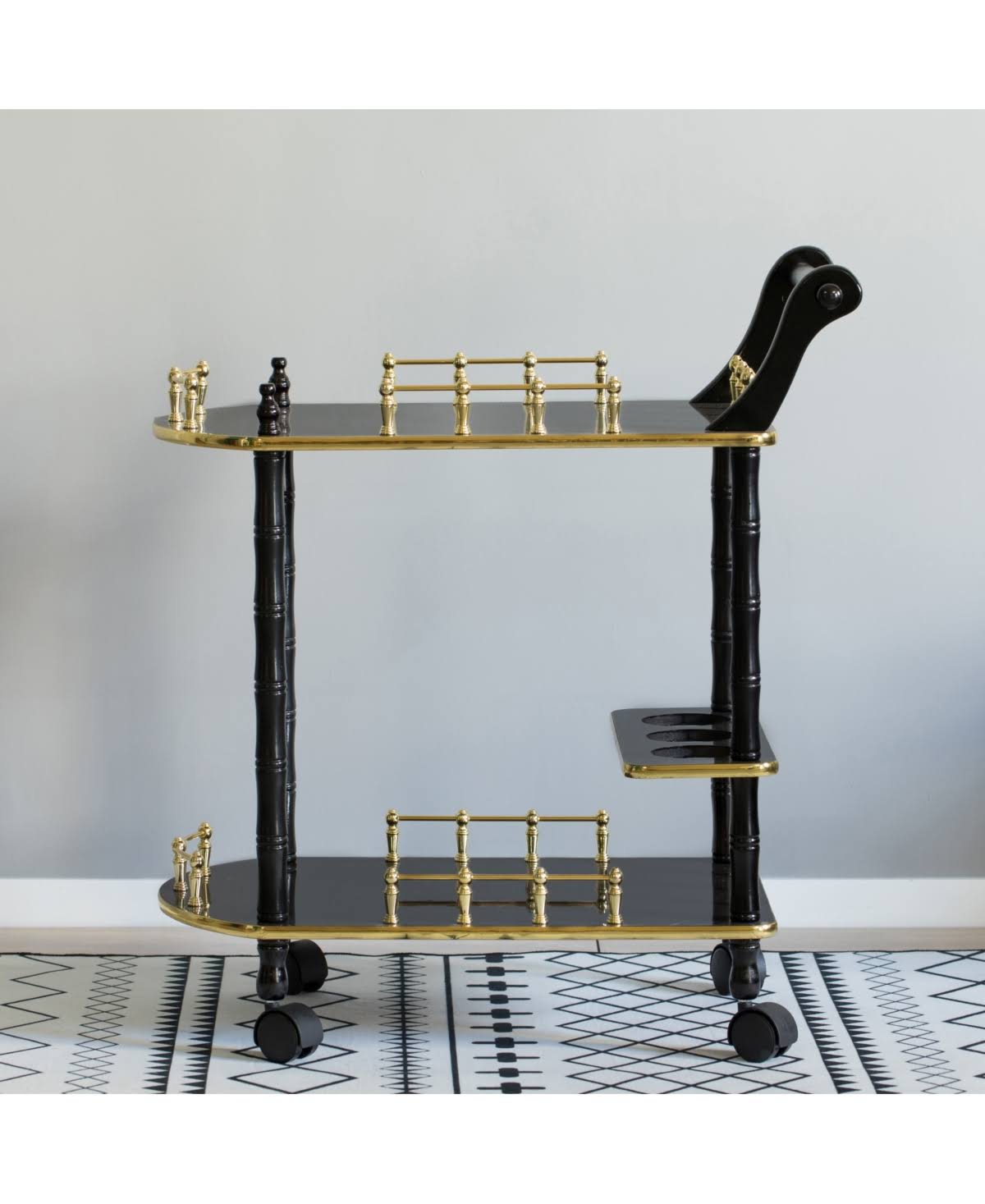 Gold Black and White Wood Serving Bar Cart with 2 Tier Shelves and Rolling Wheels Z441200