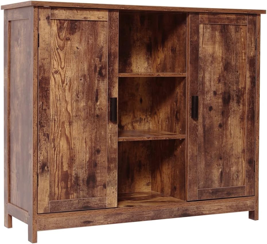 Retro Brown Wooden Floor Storage Cabinet with 2 Doors and 2 Open Shelves O338