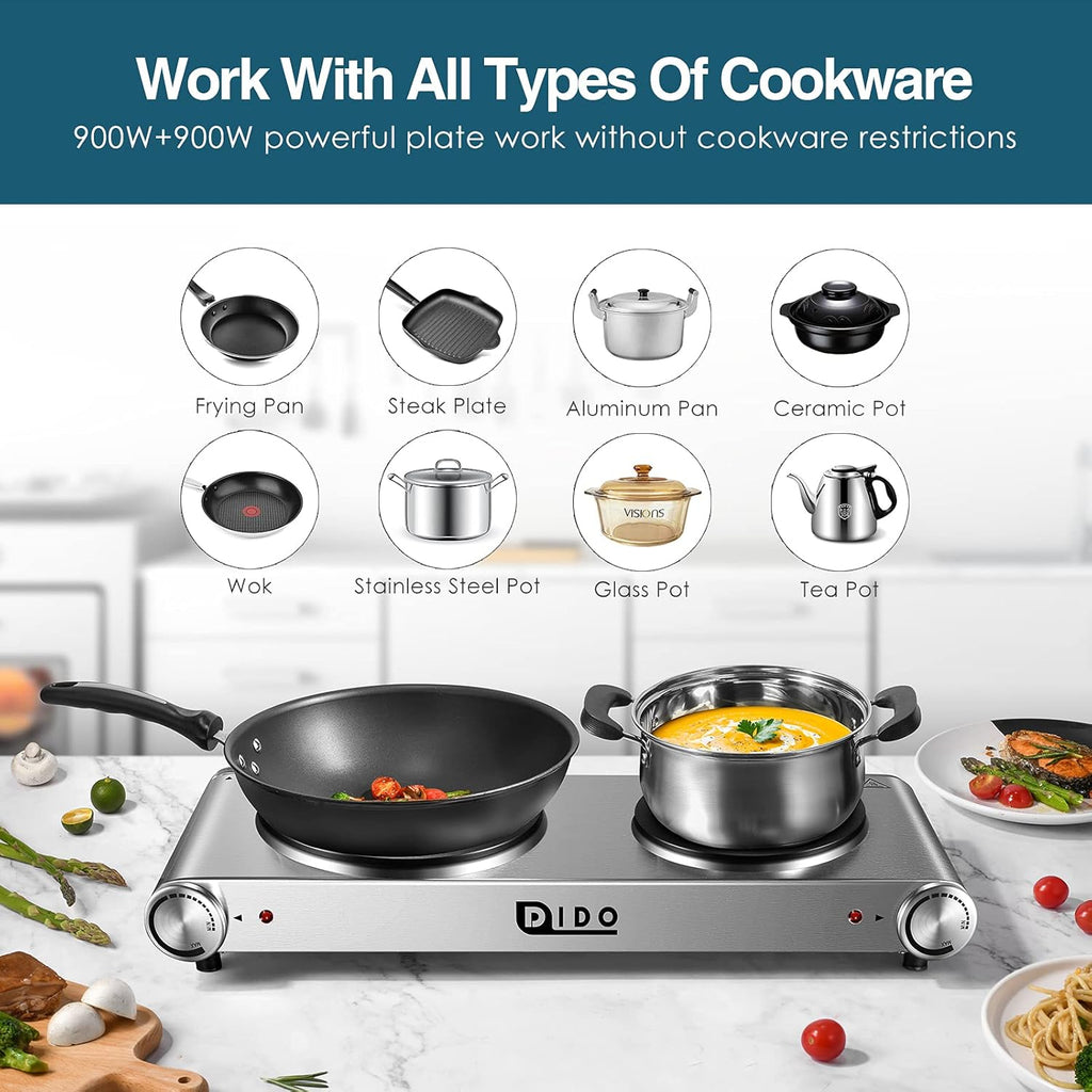 1800W Portable Electric Double Burner Hot Plate with Stainless Steel Cooktop U681565