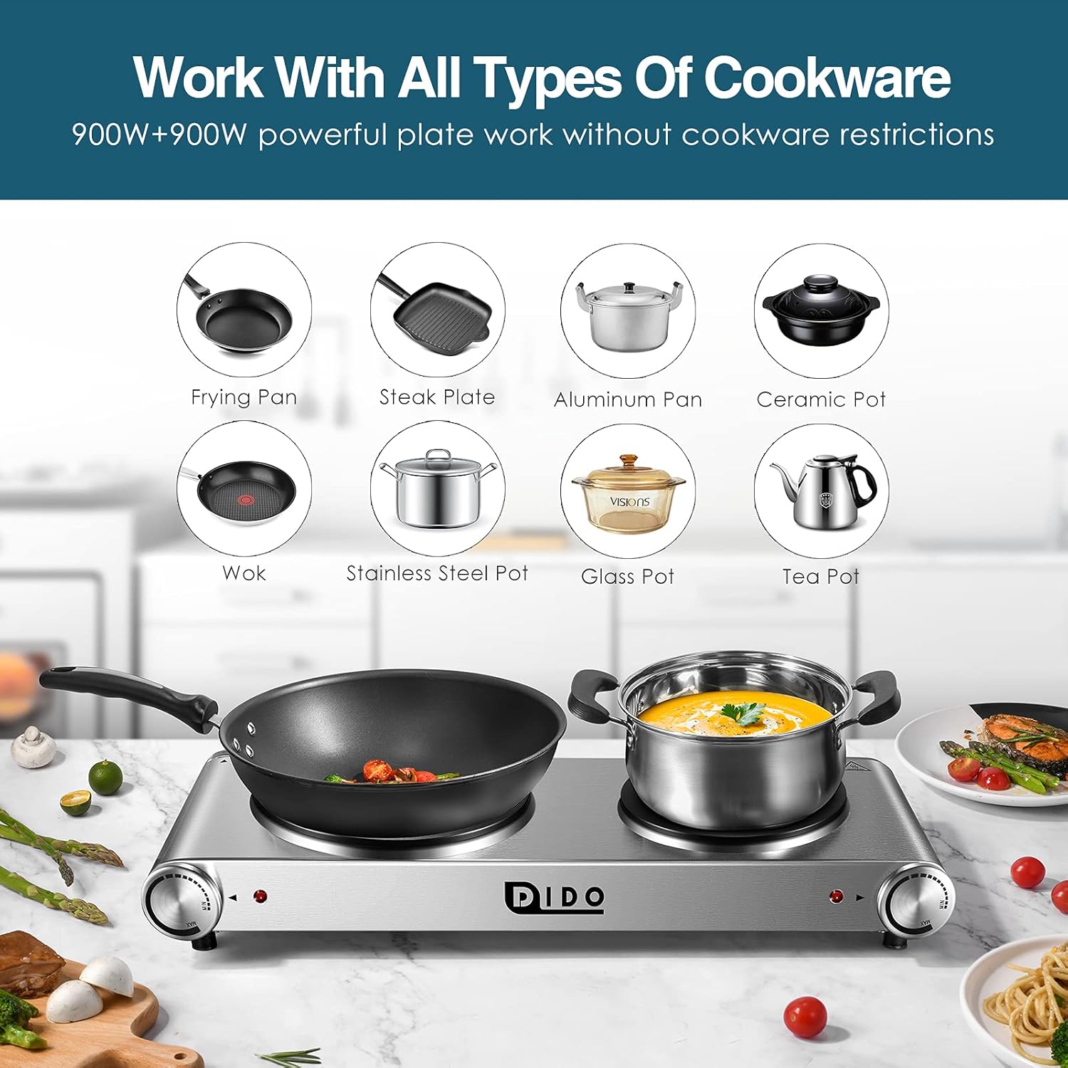 1800W Portable Electric Double Burner Hot Plate with Stainless Steel Cooktop U681565