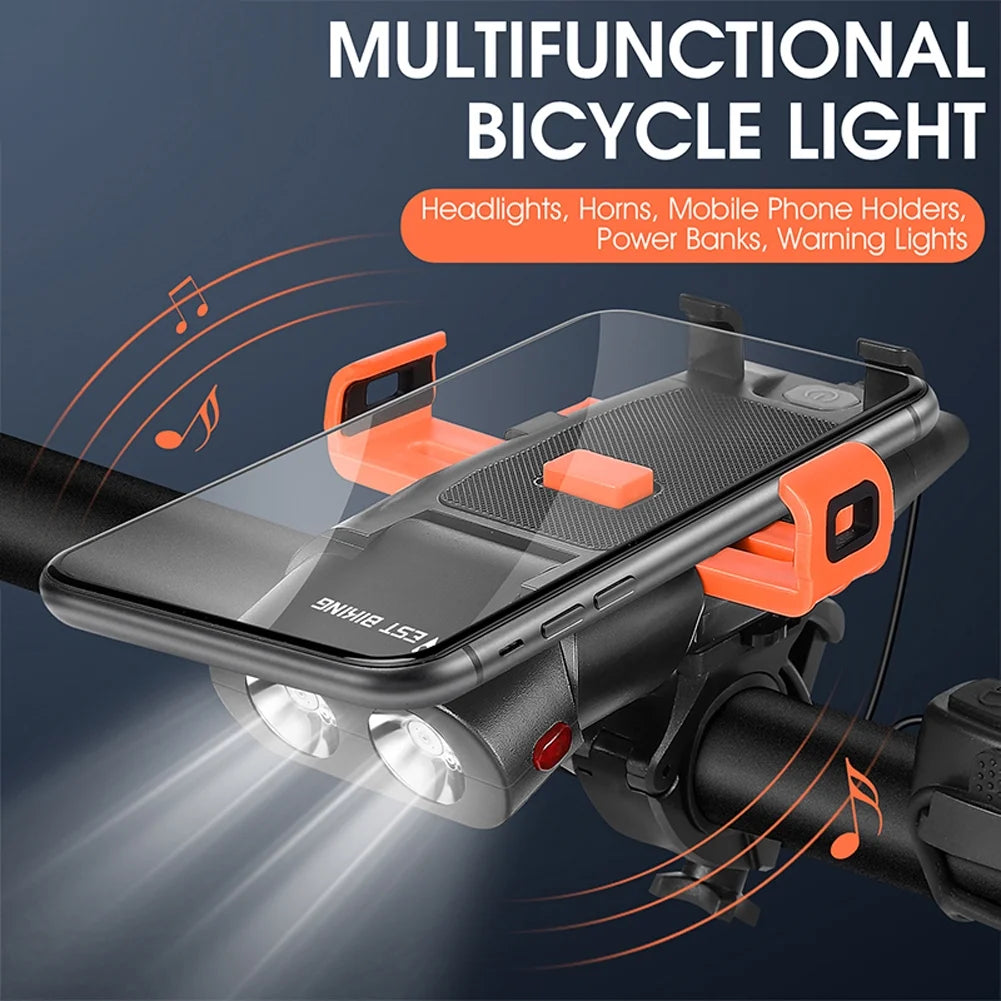 5in1 Bike Front Bracket Lamp Horn Mobilephone Holder Warning Bell Powerbanks USB Rechargeable Cycling Accessories H29687