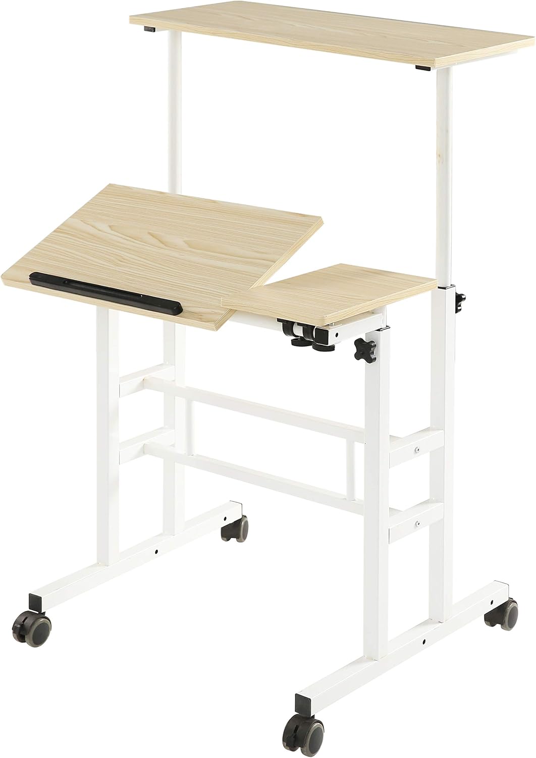 Ancient Oak Sit Stand Desk with Rolling Laptop Cart A405