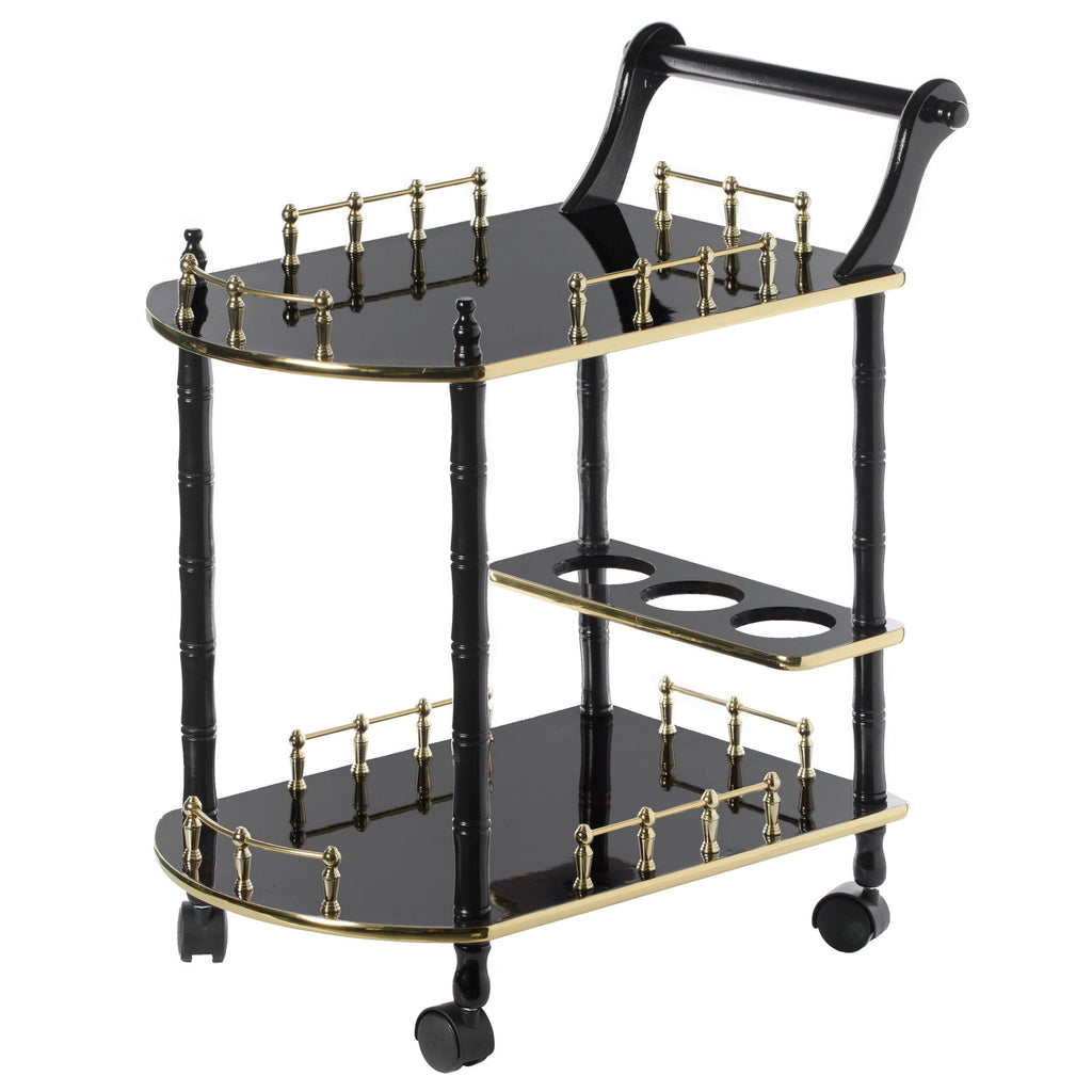 Gold Black and White Wood Serving Bar Cart with 2 Tier Shelves and Rolling Wheels Z441200