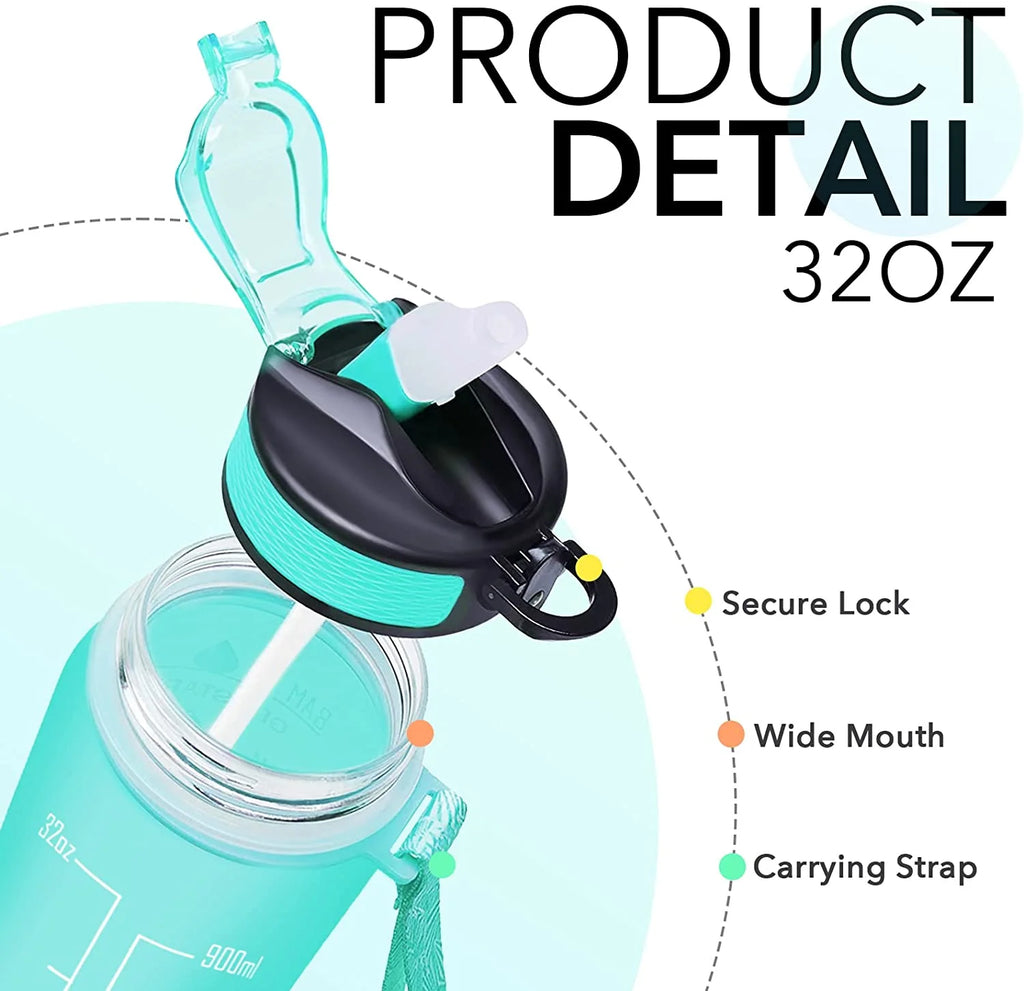 32 oz Motivational Water Bottle with Straw, Time Marker, Leakproof BPA Free O727