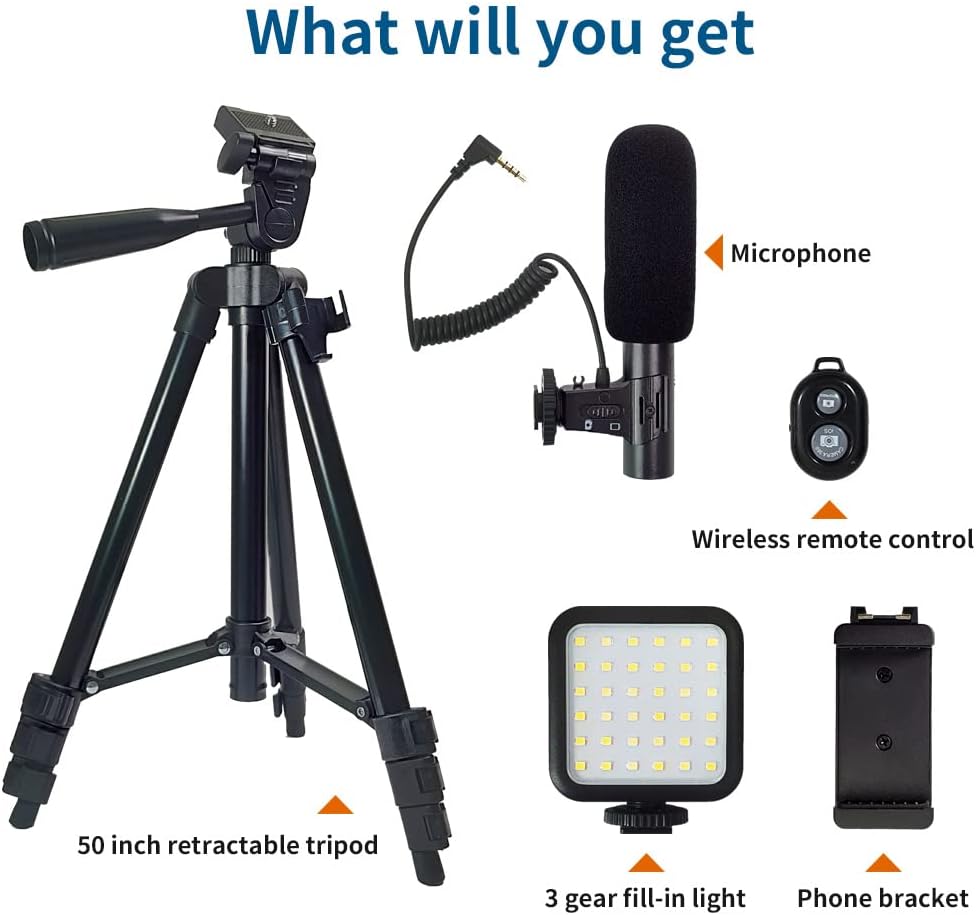 Vlogging Kit with Microphone, Remote Control, Fill-in Light, 15-50" Extendable Tripod Stand, Pack of 2 R28991
