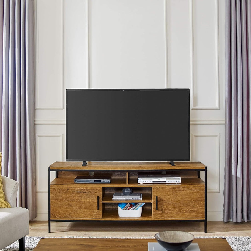 Brown Oak Wood Look Entertainment Center with Two Doors and Storage Shelves Z9616