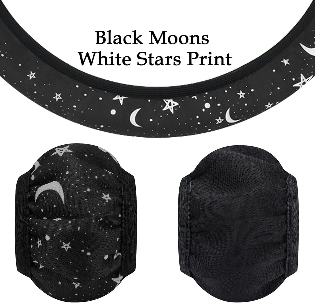 Black Moons White Stars Print Car Accessories Set Steering Wheel Cover with 2 Pieces Car Coasters and Leather Keyring V5042