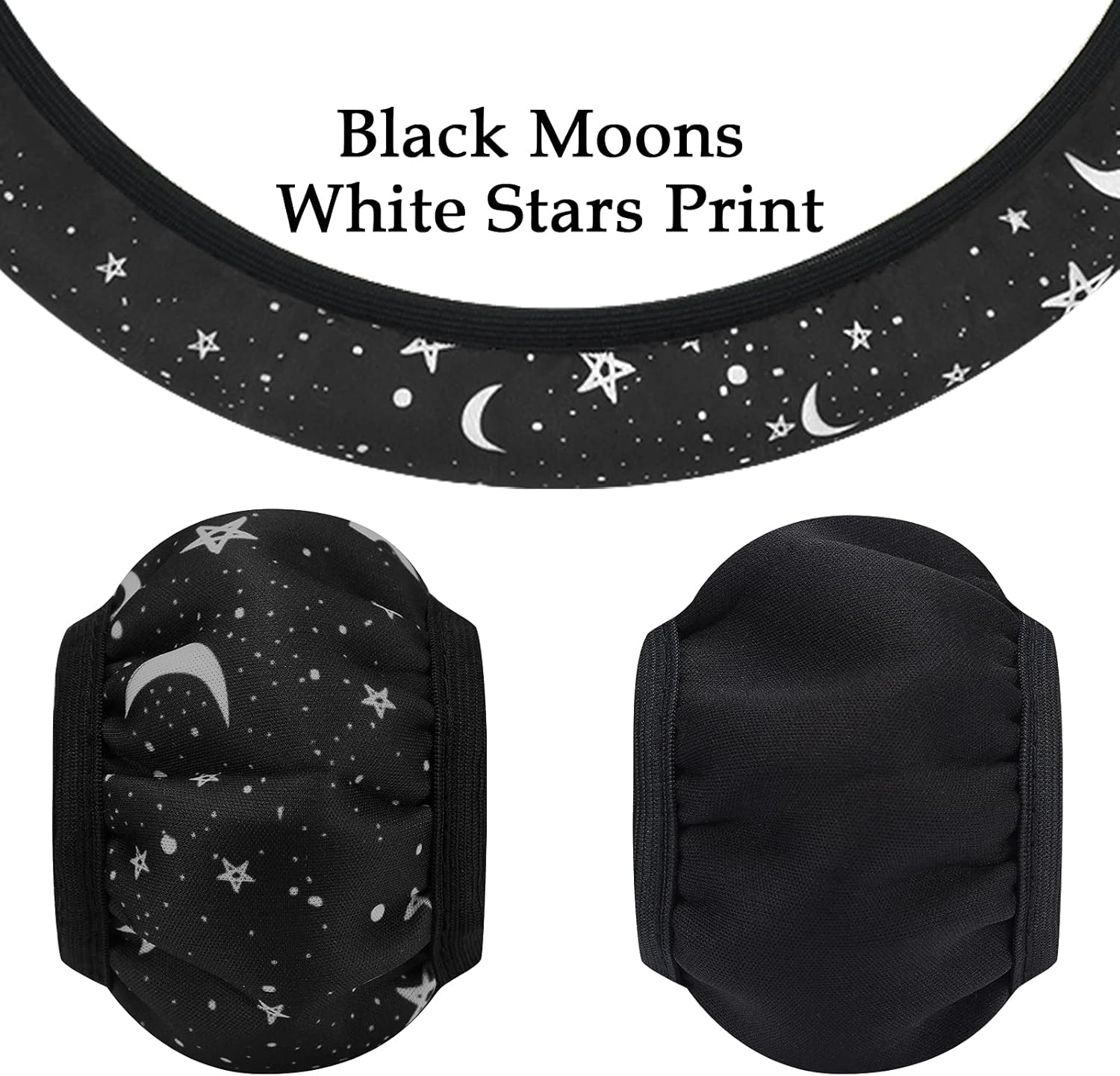 Black Moons White Stars Print Car Accessories Set Steering Wheel Cover with 2 Pieces Car Coasters and Leather Keyring V5042