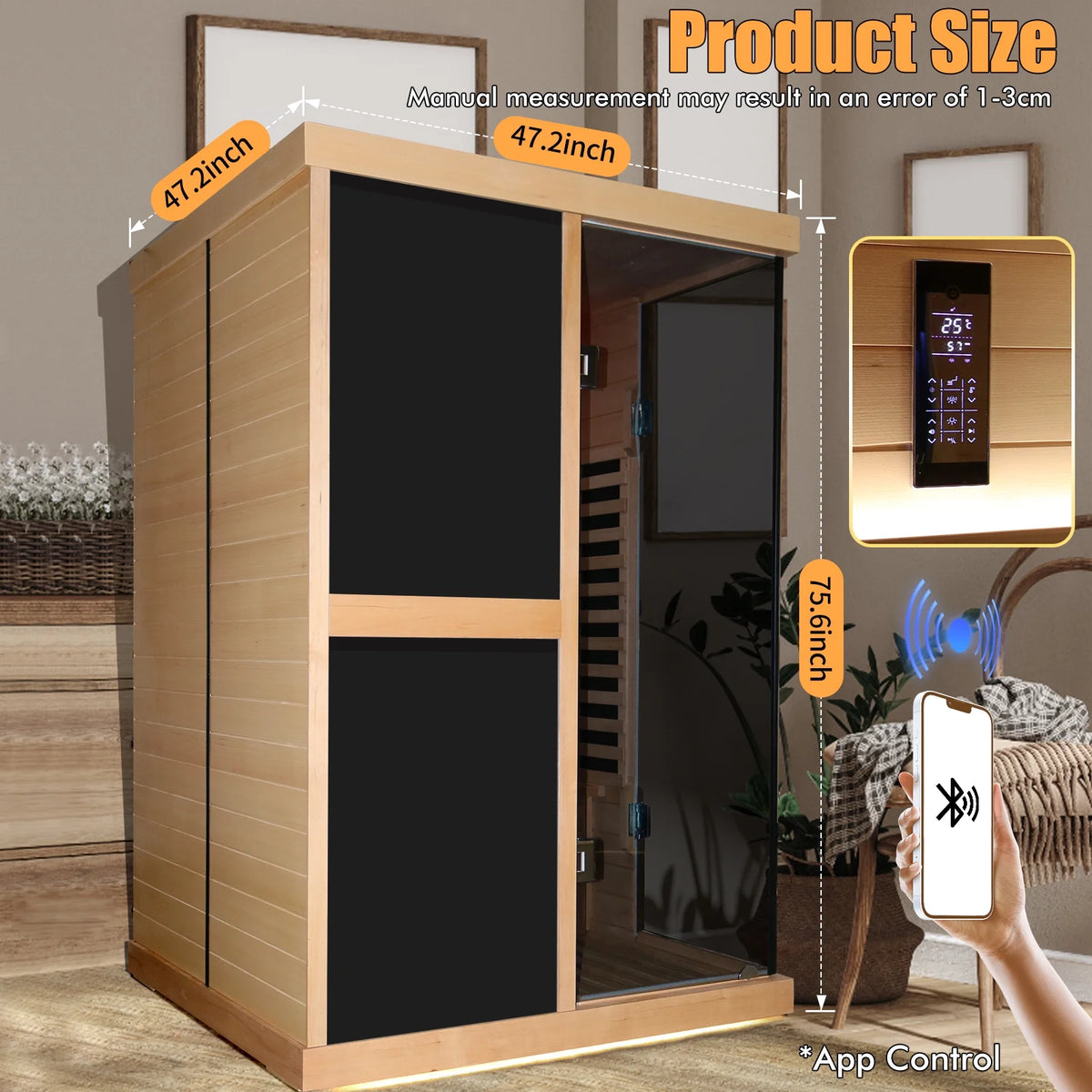 Infrared Sauna 1980W Wooden Hemlock Wood Low-EMF Indoor Saunas with APP Control for Two Person Q2409