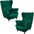 Dark Green Velvet Stretch Wingback Chair Sofa Slipcover with Elastic Bottom M343689