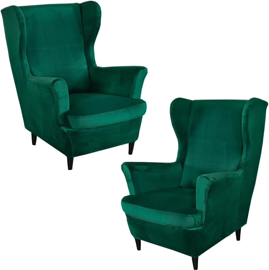 Dark Green Velvet Stretch Wingback Chair Sofa Slipcover with Elastic Bottom M343689