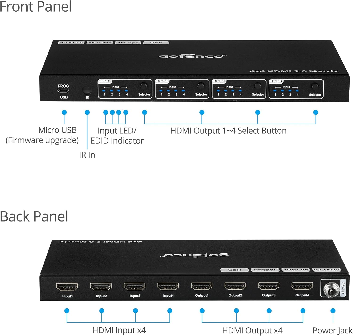 4x4 HDMI Matrix Switch, 4K 60Hz 4:4:4, HDMI 2.0, HDCP 2.2/1.4, 4 in 4 Out C839460