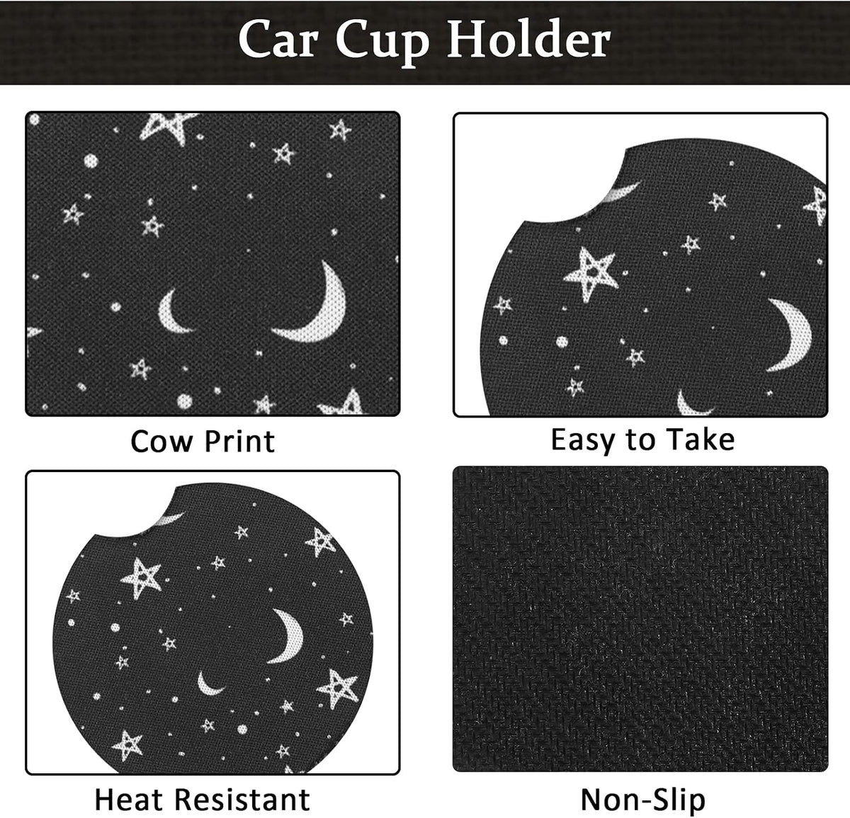 Black Moons White Stars Print Car Accessories Set Steering Wheel Cover with 2 Pieces Car Coasters and Leather Keyring V5042