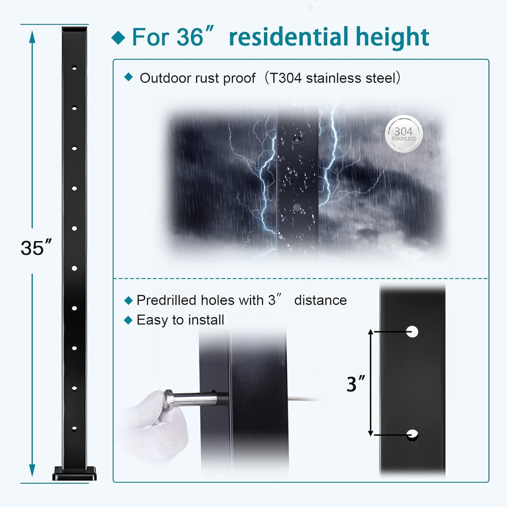Black Square Weldless Stainless Steel Cable Railing Post 4Pack T49228
