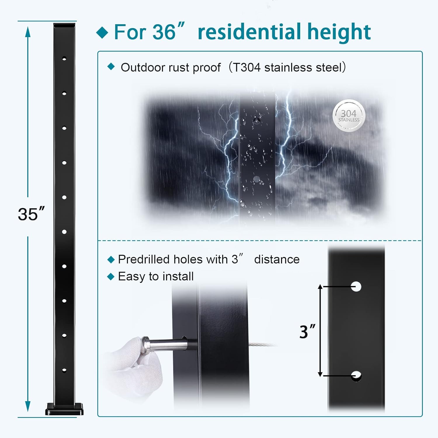 Black Square Weldless Stainless Steel Cable Railing Post 4Pack T49228