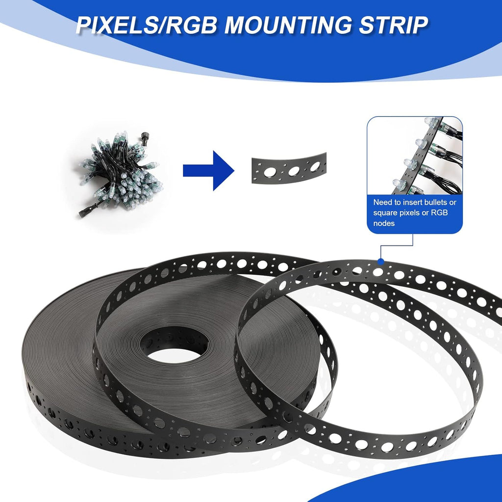 Black Mounting Strip for 12mm RGB Pixel Node, 50meter/Roll, 1 inch Hole Spacing, 30mm Wide, 1.6mm Thick, Pack of 2 T11135