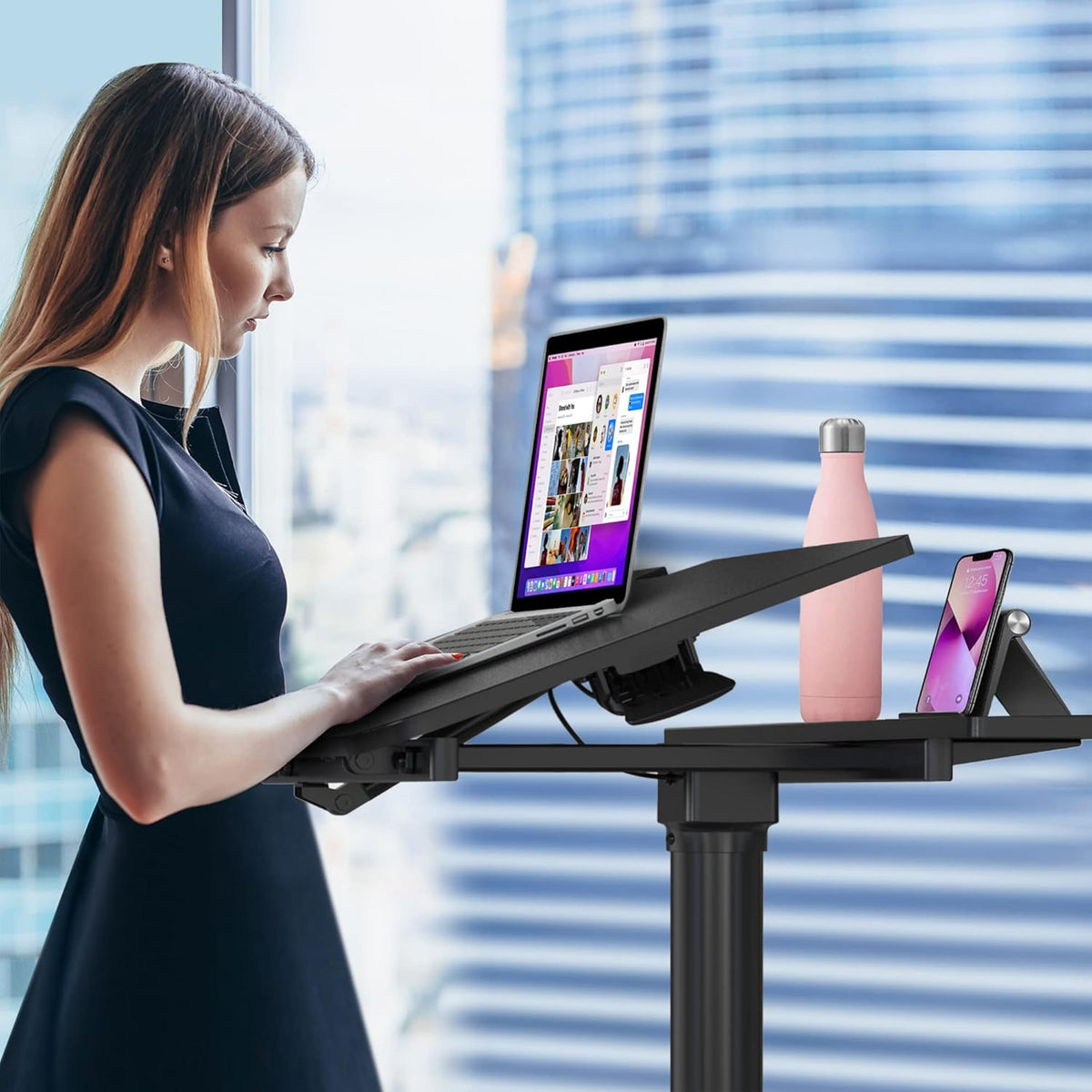 Black Mobile Standing Desk with Split Top Tilting Tray and Brake Casters D860