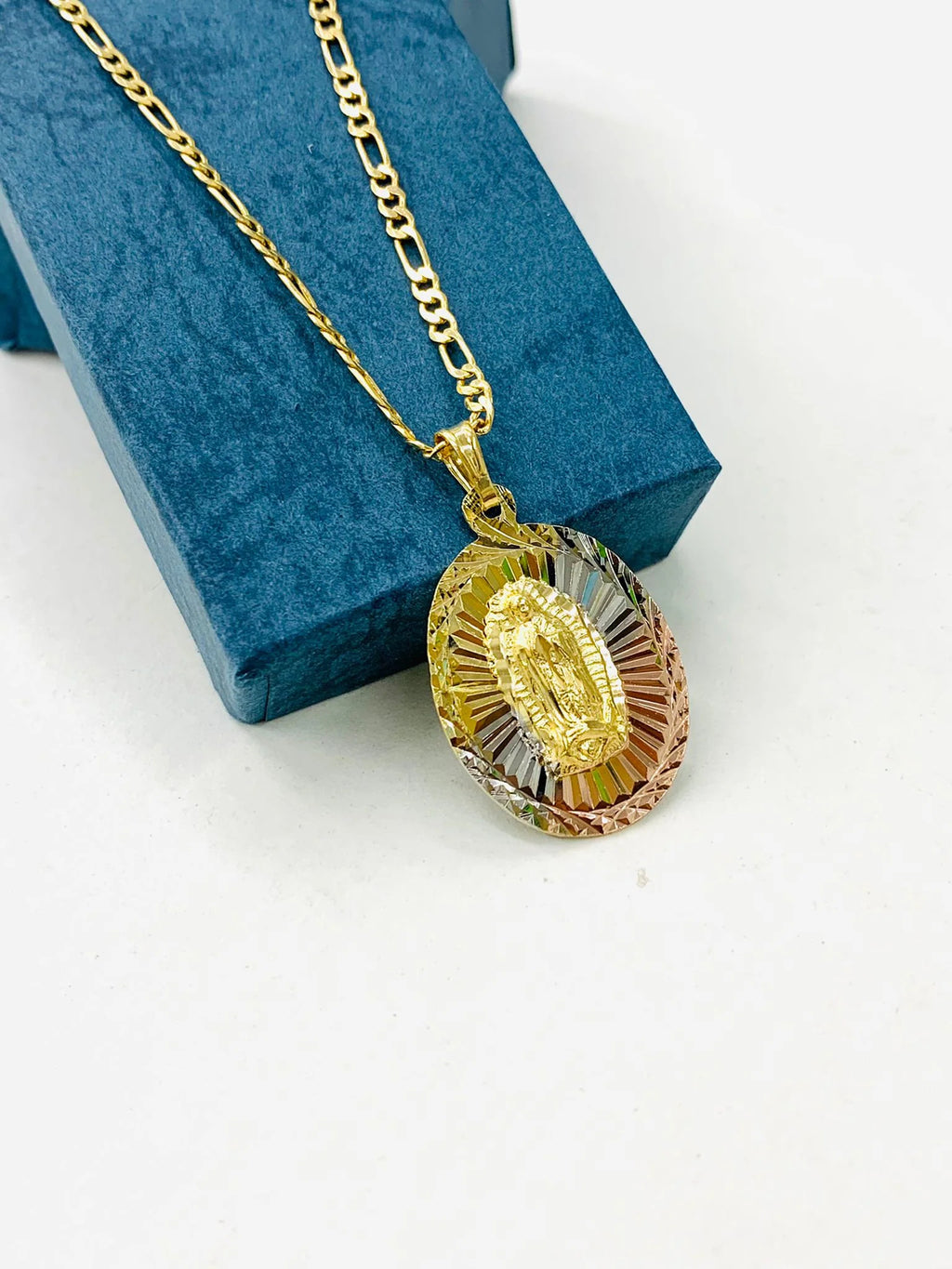 Tri Color Diamond Cut Virgen de Guadalupe Pendant Necklace Figaro Chain 20" Gold Filled O434176