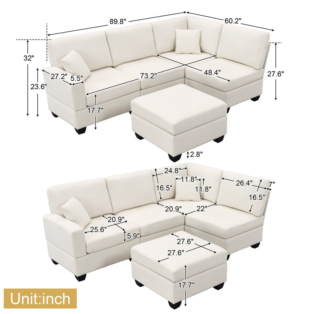 Modular Linen Fabric Sectional Sofa with Ottoman and 2 Pillows U508567
